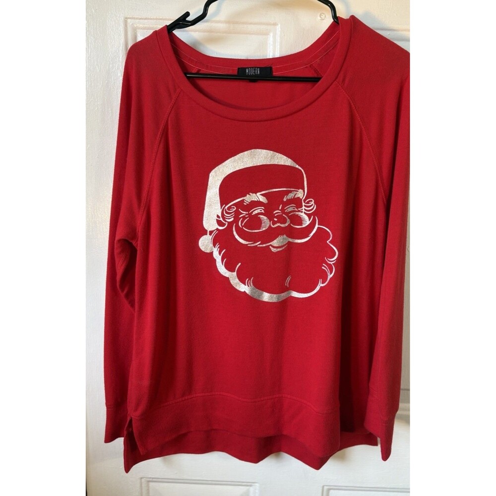 Modern Canvas Women’s Size Large Silver Santa on Red-Long Sleeve Round Top Shirt